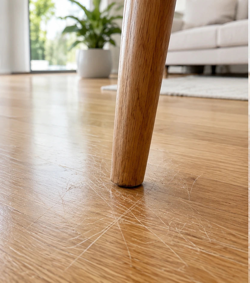 Scratched timber floor beside an unprotected chair leg
